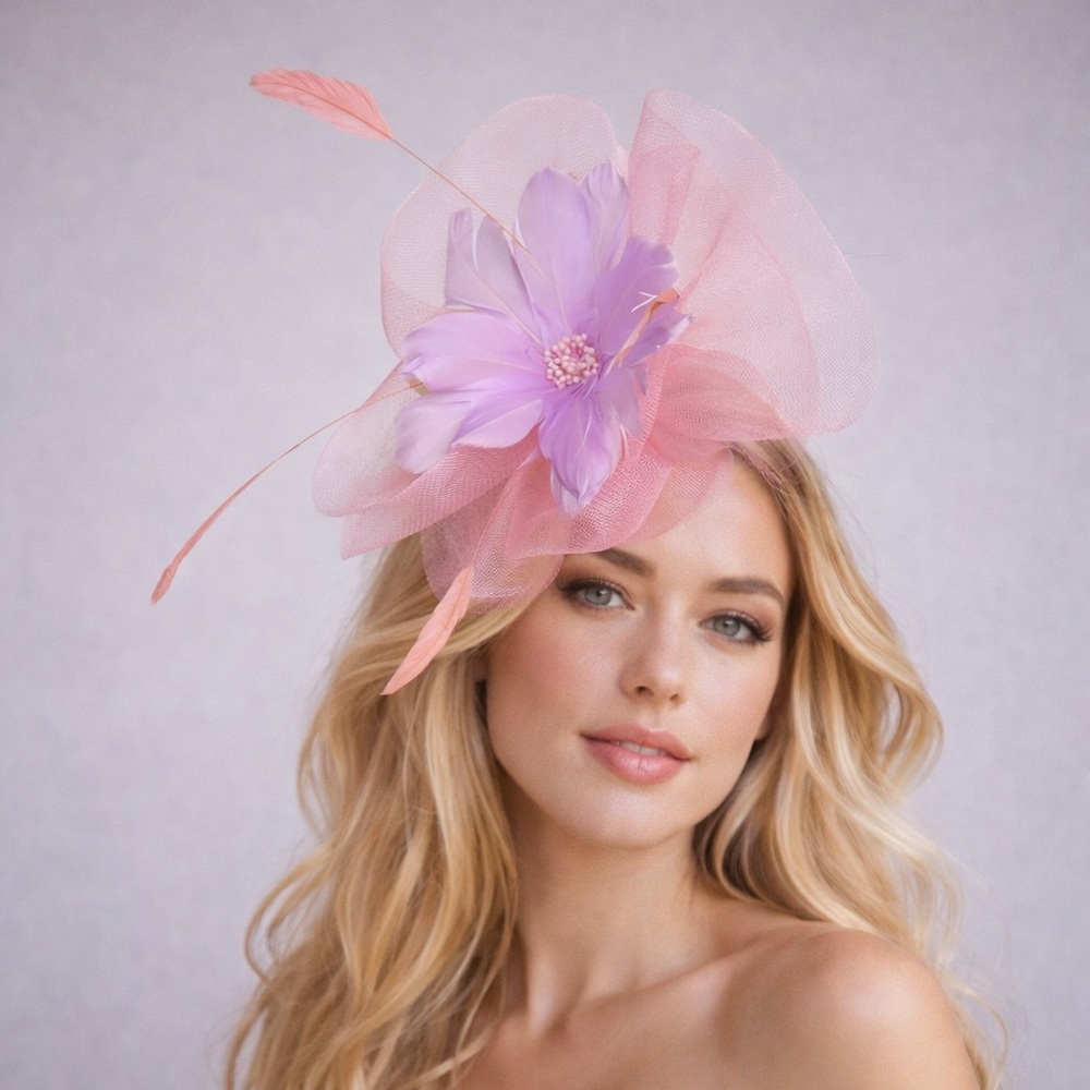 Blush Pink & Lavender Floral Feather Fascinator | Soft Pastel Race Day Headpiece